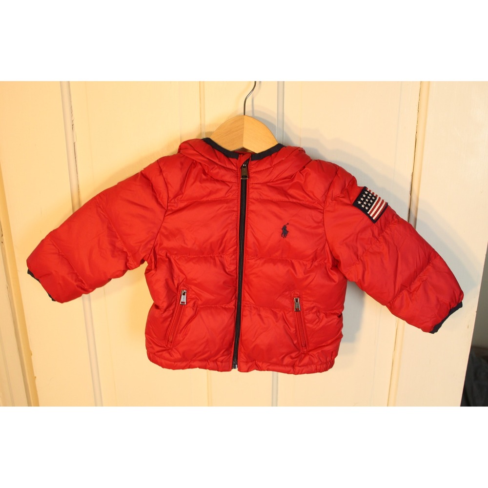 Kids Ralph Lauren Red Puffer Jacket American Flag Patch Hooded Zip Front